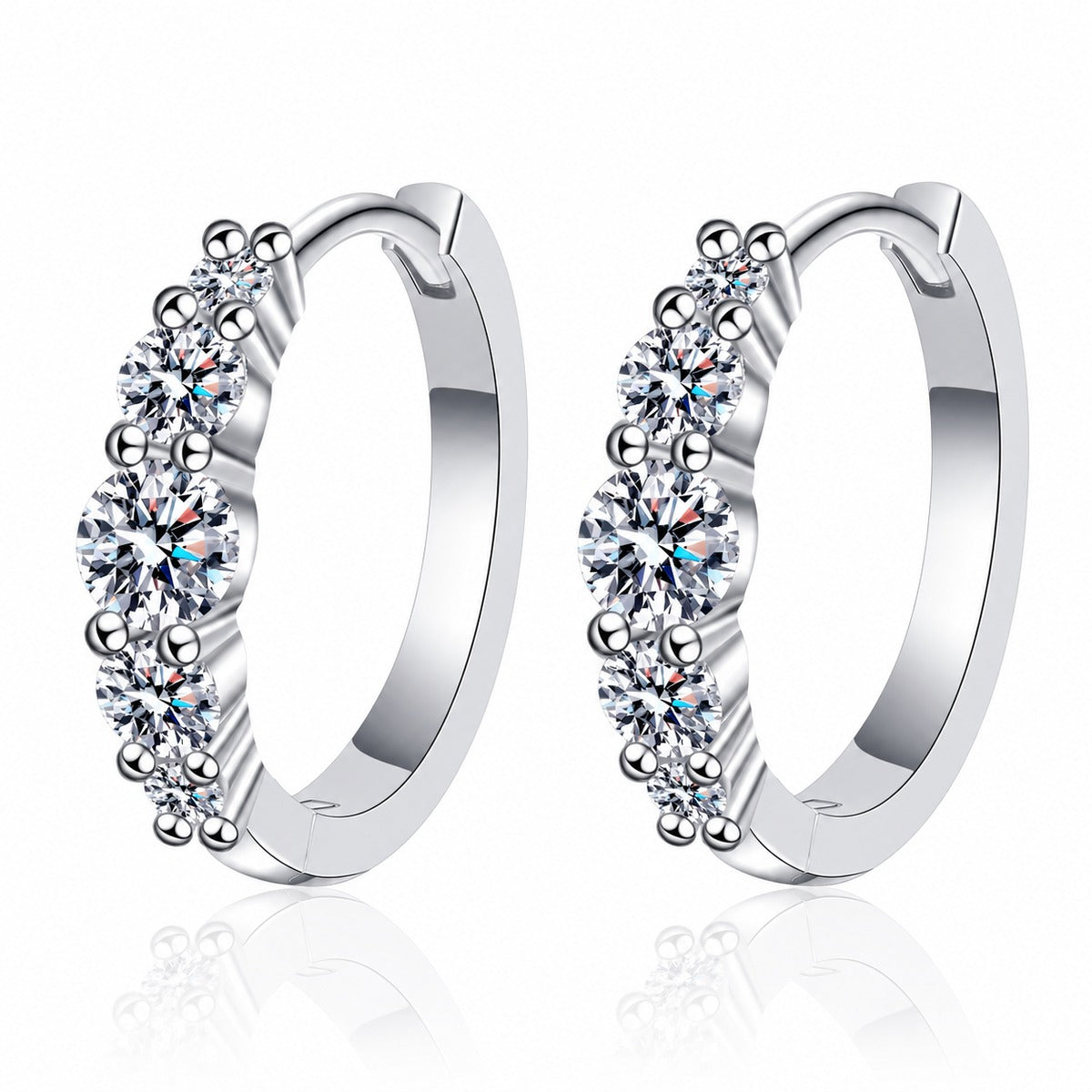 Cluster Moissanite Hoop Earrings in Rhodium-Plated S925 sterling silver white background product photo showing the pair, stone shape, and hoop earrings silhouette