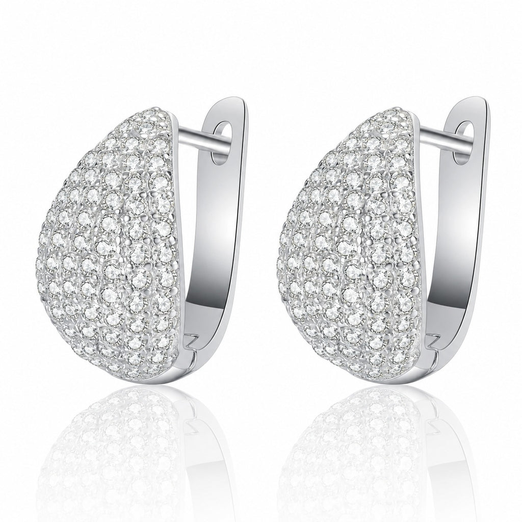 Pave Teardrop Huggie Hoop Earrings in Rhodium-Plated S925 sterling silver white background product photo showing the pair, stone shape, and huggie hoop earrings silhouette