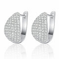 Pave Teardrop Huggie Hoop Earrings in Rhodium-Plated S925 sterling silver white background product photo showing the pair, stone shape, and huggie hoop earrings silhouette