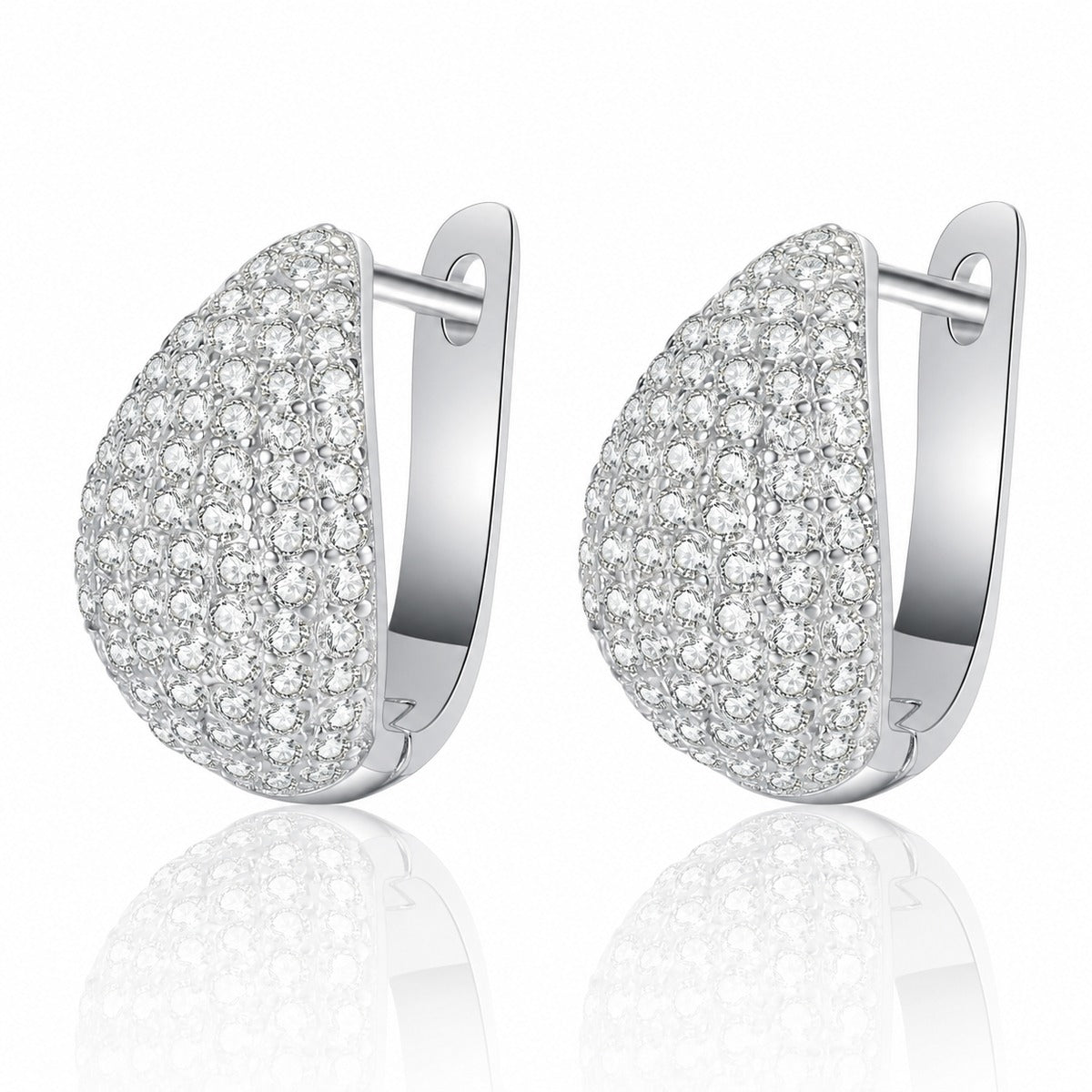 Pave Teardrop Huggie Hoop Earrings in Rhodium-Plated S925 sterling silver white background product photo showing the pair, stone shape, and huggie hoop earrings silhouette