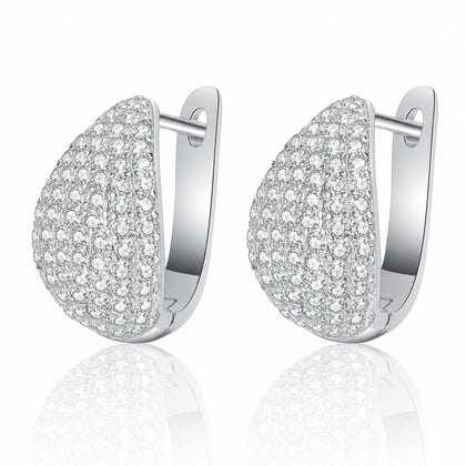 Pave Teardrop Huggie Hoop Earrings in Rhodium-Plated S925 sterling silver white background product photo showing the pair, stone shape, and huggie hoop earrings silhouette