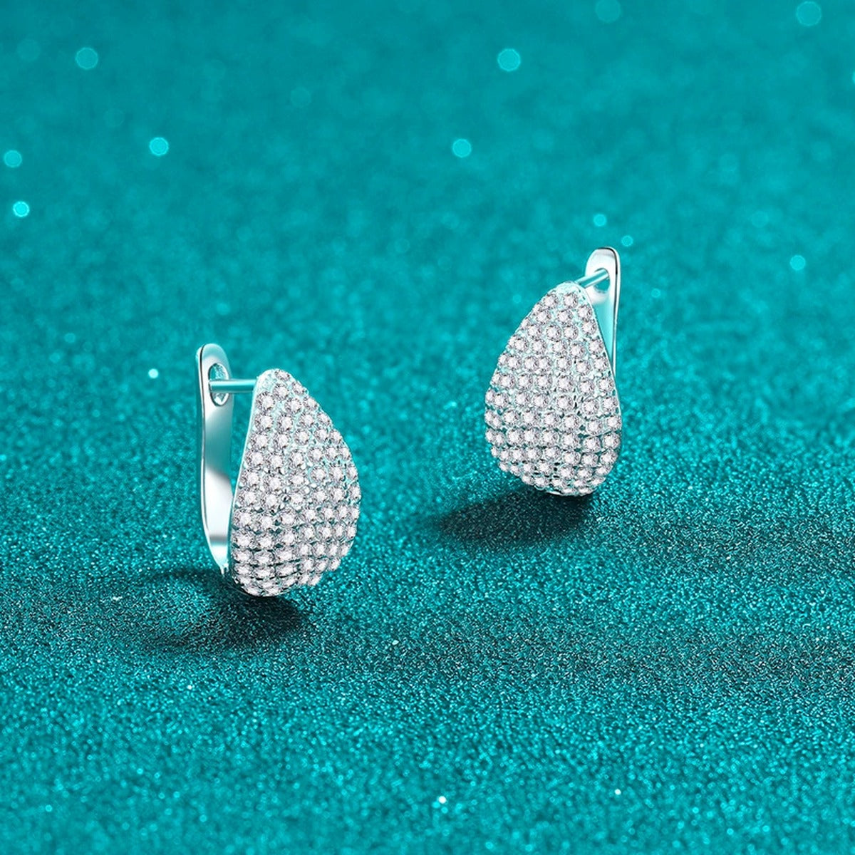 Pave Teardrop Huggie Hoop Earrings in Rhodium-Plated S925 sterling silver product scene view showing front sparkle