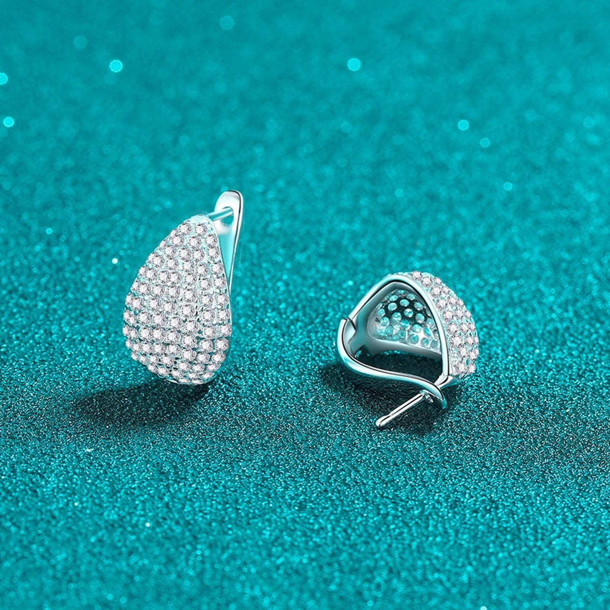 Pave Teardrop Huggie Hoop Earrings in Rhodium-Plated S925 sterling silver product scene view showing angled setting detail
