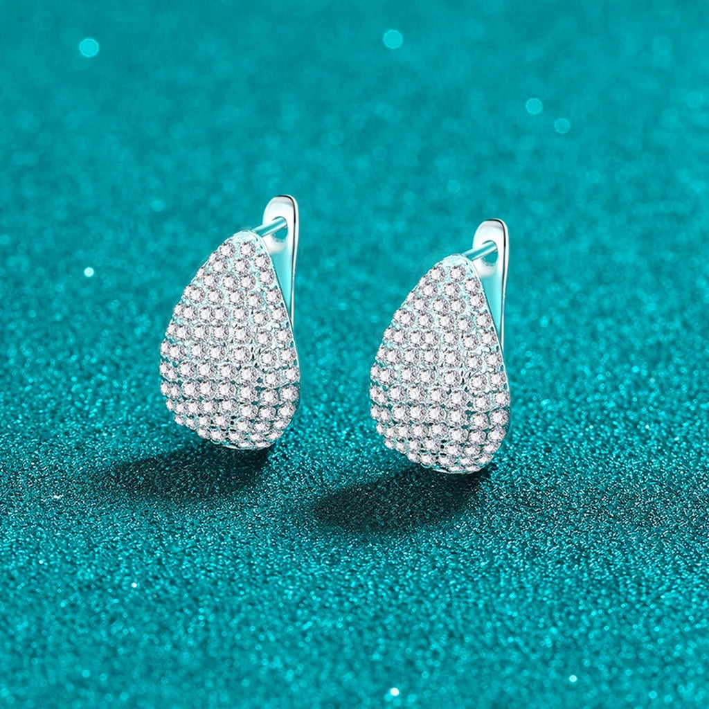 Pave Teardrop Huggie Hoop Earrings in Rhodium-Plated S925 sterling silver product scene view showing side profile