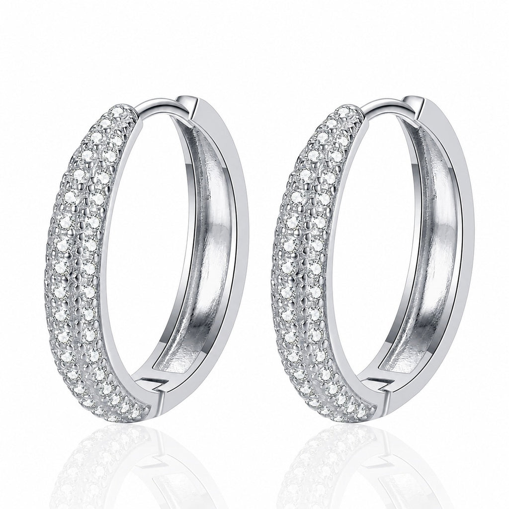 Slim Pave Moissanite Hoop Earrings in Rhodium-Plated S925 sterling silver white background product photo showing the pair, stone shape, and hoop earrings silhouette