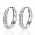 Slim Pave Moissanite Hoop Earrings in Rhodium-Plated S925 sterling silver white background product photo showing the pair, stone shape, and hoop earrings silhouette