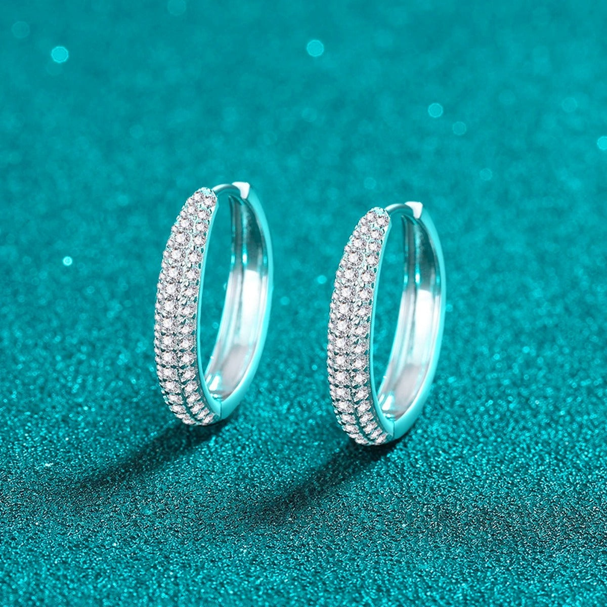 Slim Pave Moissanite Hoop Earrings in Rhodium-Plated S925 sterling silver product scene view showing front sparkle