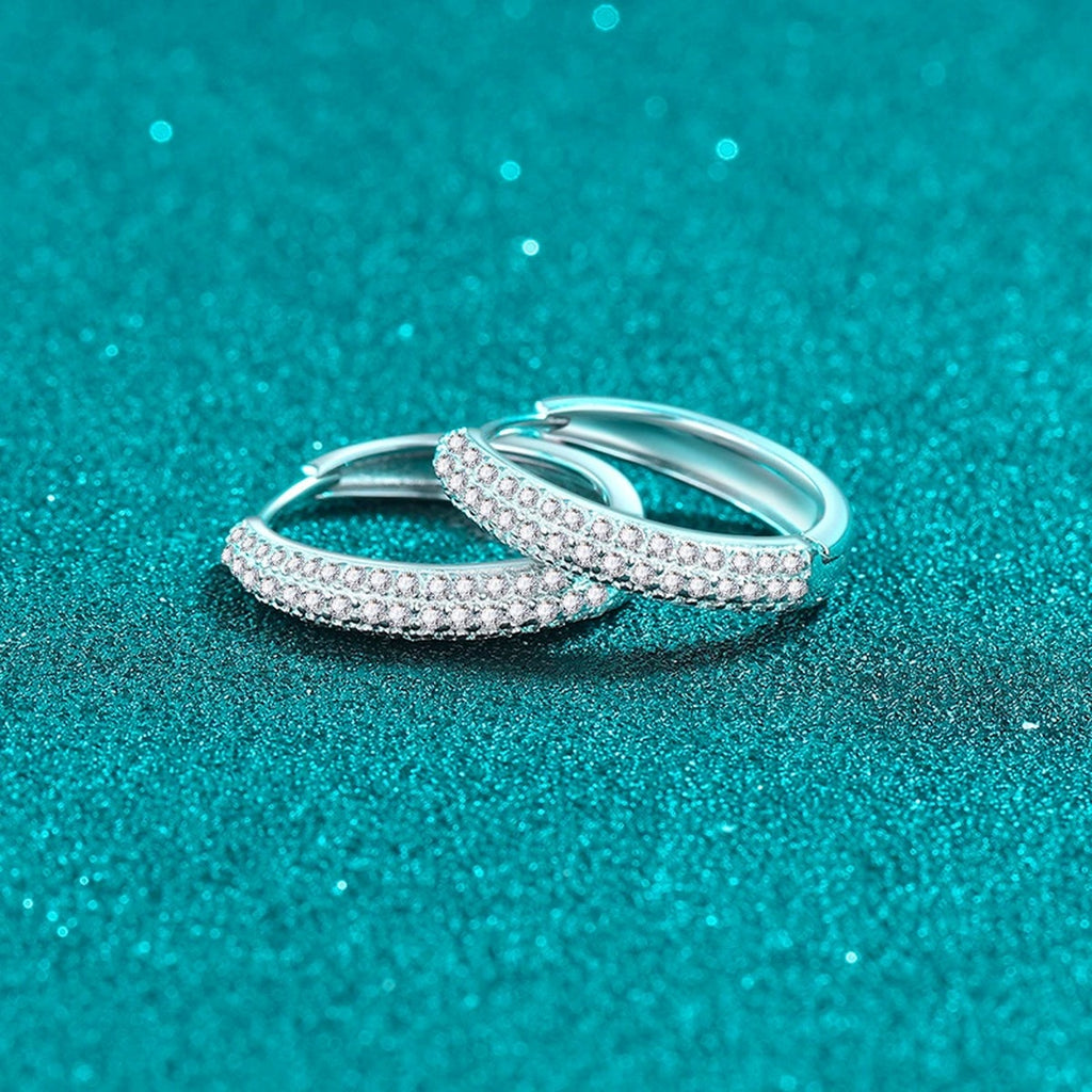 Slim Pave Moissanite Hoop Earrings in Rhodium-Plated S925 sterling silver product scene view showing angled setting detail