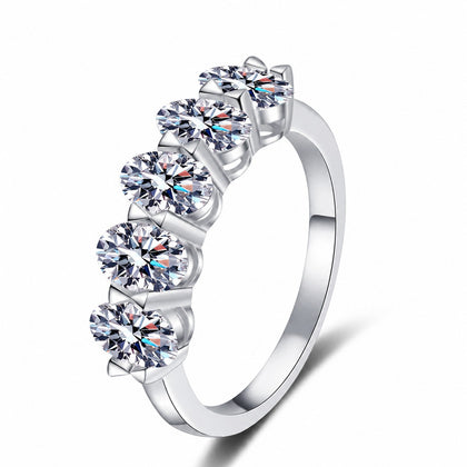 Oval Moissanite Five-Stone Ring in rhodium-plated S925 sterling silver on clean white background