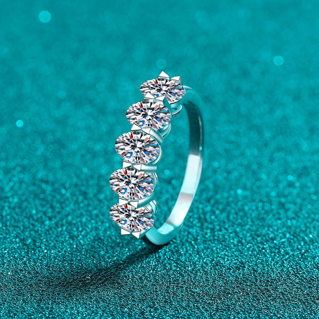 Oval Moissanite Five-Stone Ring product view showing moissanite setting and metal finish
