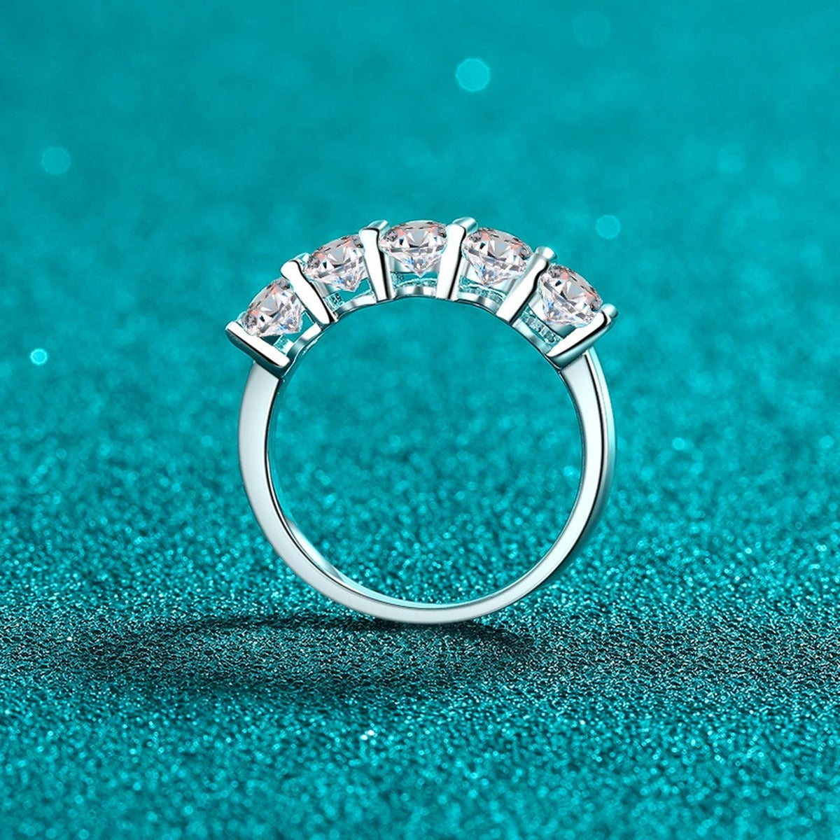 Oval Moissanite Five-Stone Ring product view showing moissanite setting and metal finish