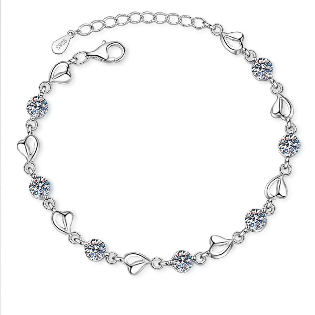Heart Charm Moissanite Adjustable Bracelet in Rhodium-Plated S925 sterling silver white background product photo showing bracelet shape and moissanite setting