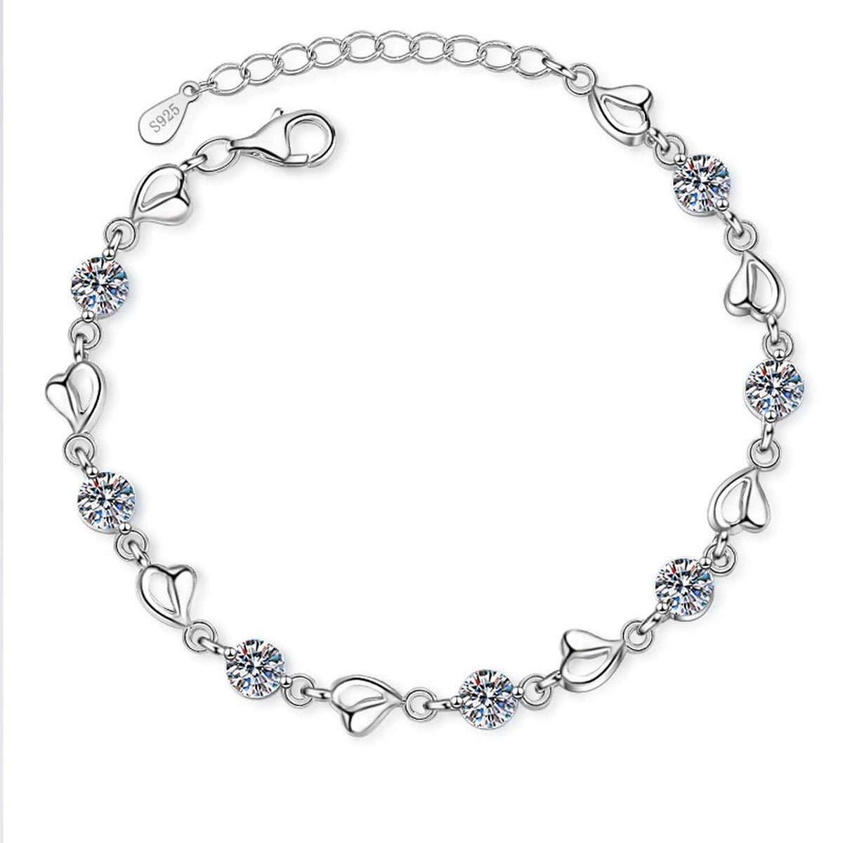Heart Charm Moissanite Adjustable Bracelet in Rhodium-Plated S925 sterling silver white background product photo showing bracelet shape and moissanite setting