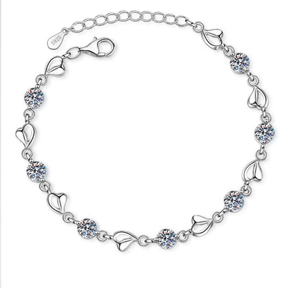 Heart Charm Moissanite Adjustable Bracelet in Rhodium-Plated S925 sterling silver white background product photo showing bracelet shape and moissanite setting