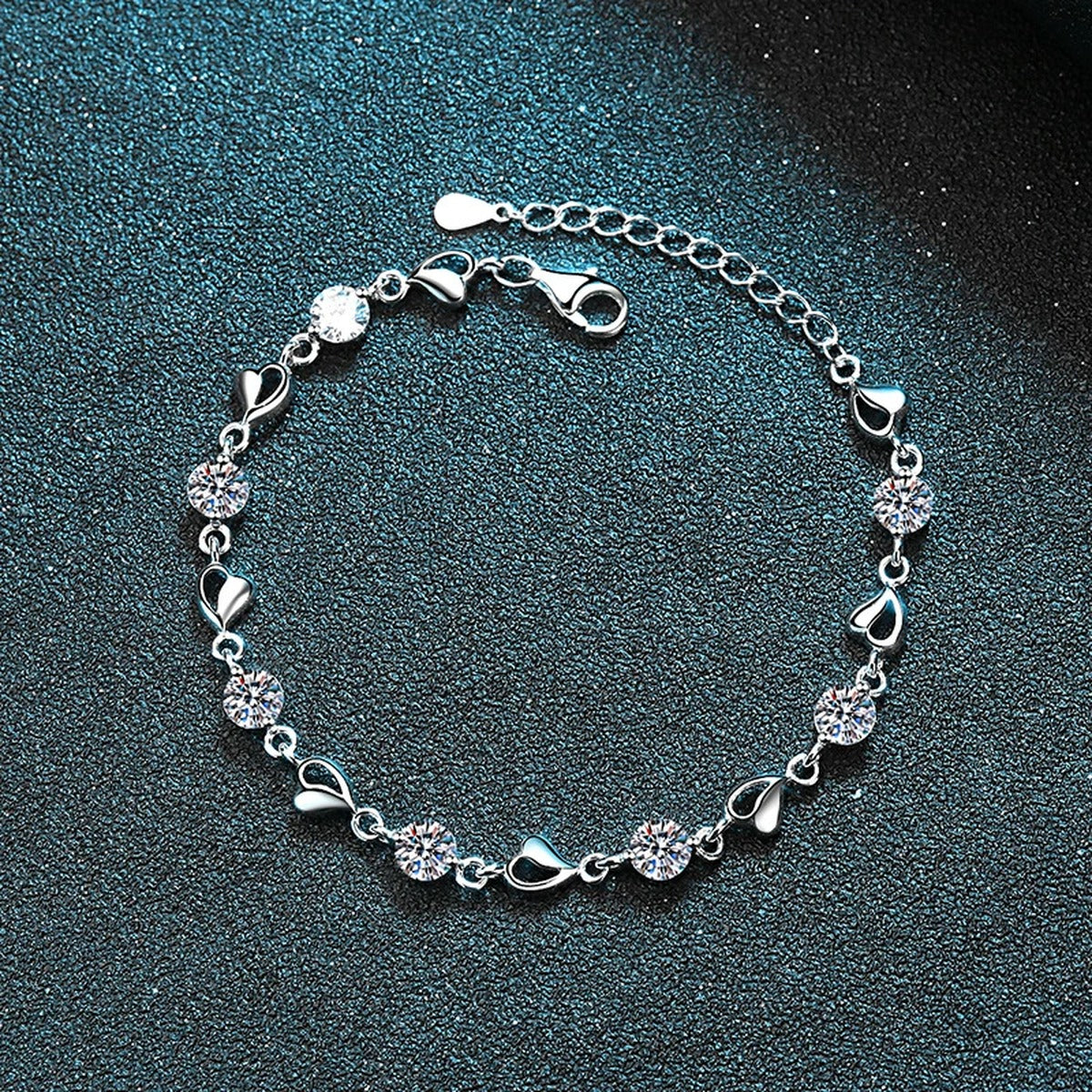 Heart Charm Moissanite Adjustable Bracelet in Rhodium-Plated S925 sterling silver styled product scene showing stone sparkle and chain detail