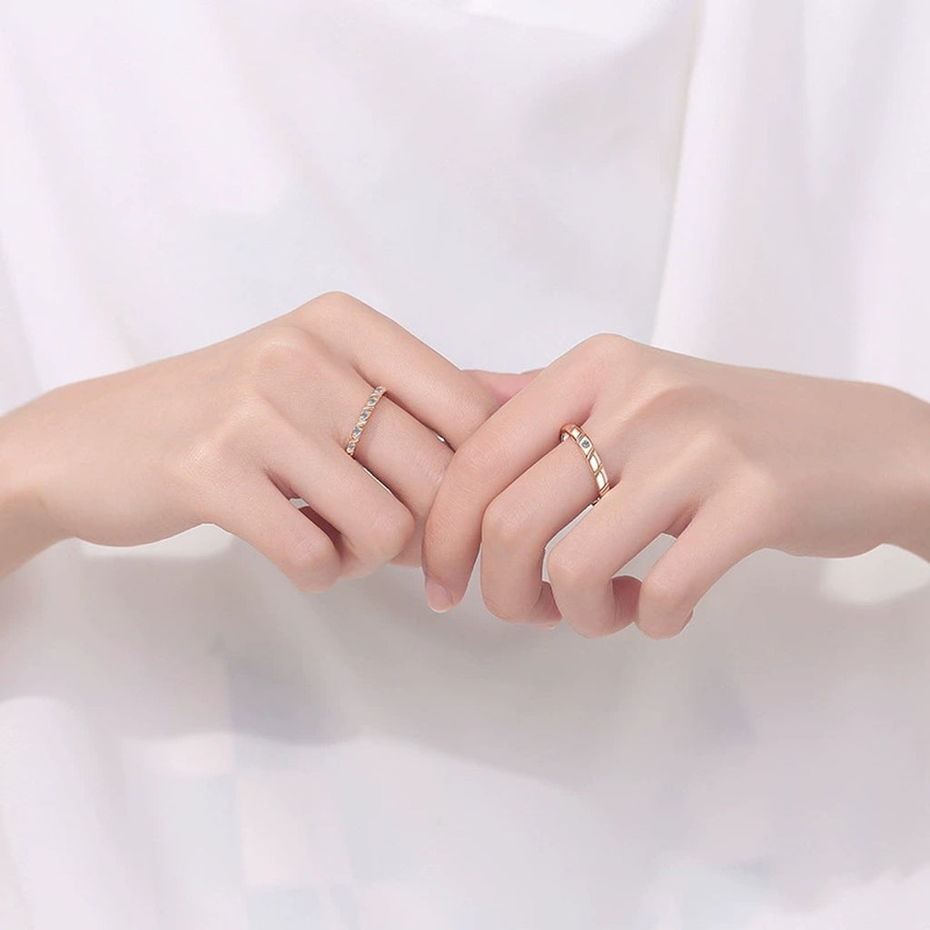Couples Moissanite Promise Ring Set worn on hand to show scale, band width, and ring profile