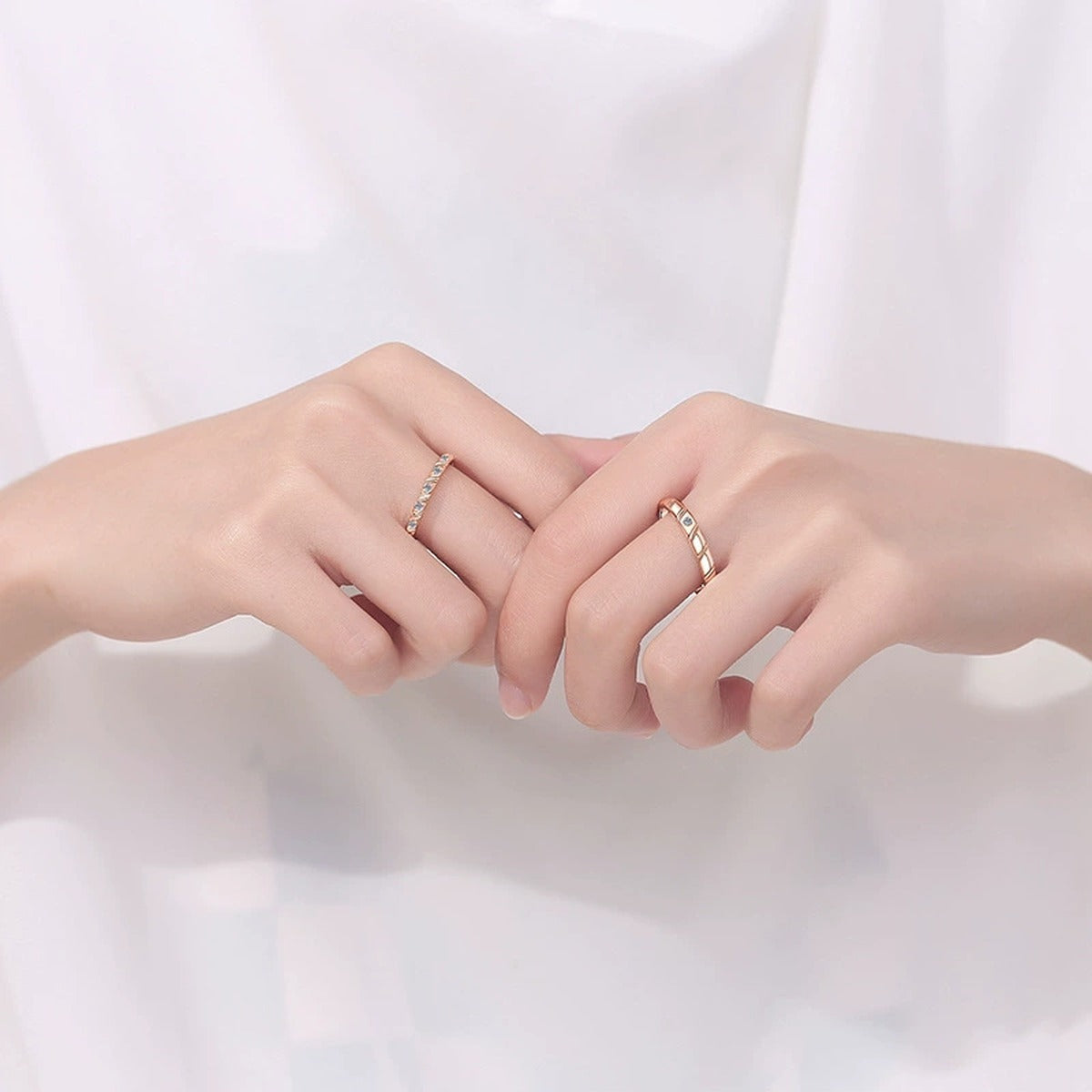 Couples Moissanite Promise Ring Set worn on hand to show scale, band width, and ring profile