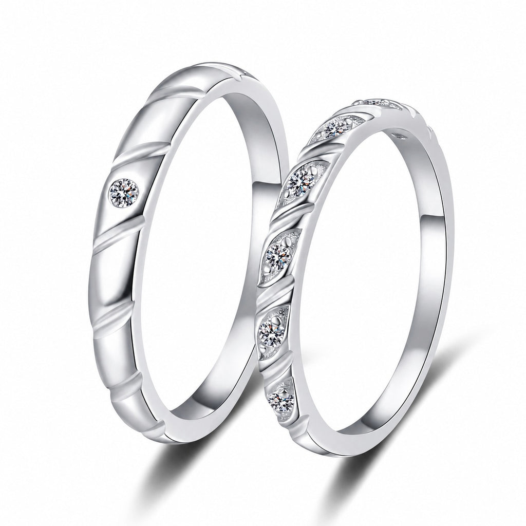Couples Moissanite Promise Ring Set in rhodium-plated S925 sterling silver on clean white background