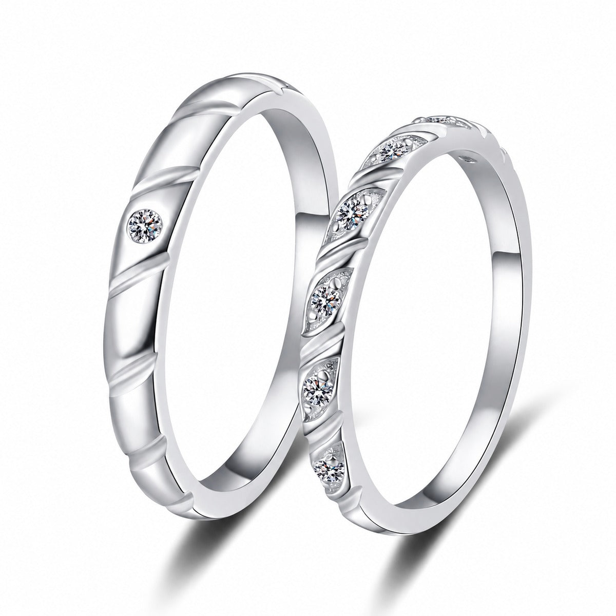 Couples Moissanite Promise Ring Set in rhodium-plated S925 sterling silver on clean white background
