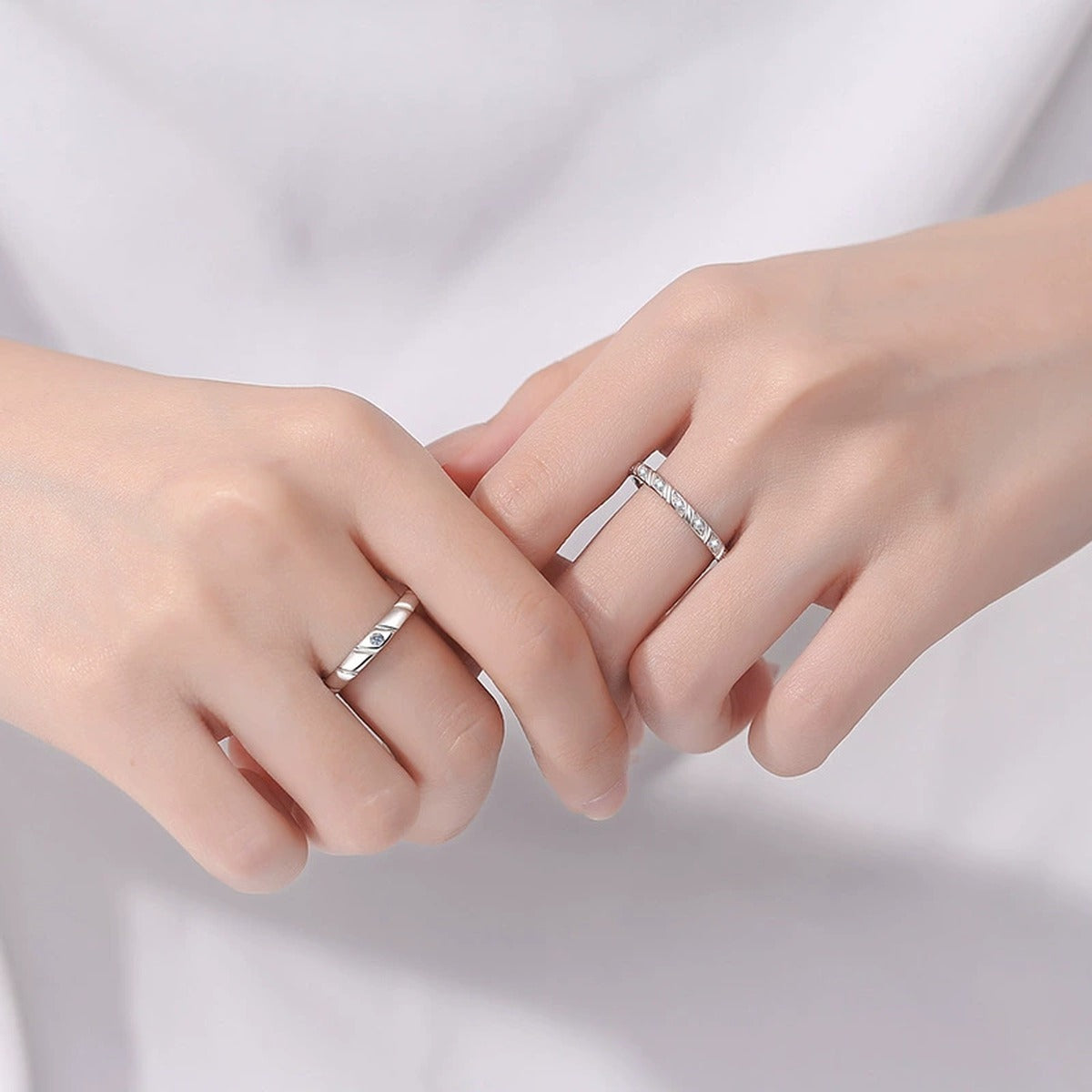 Couples Moissanite Promise Ring Set worn on hand to show scale, band width, and ring profile