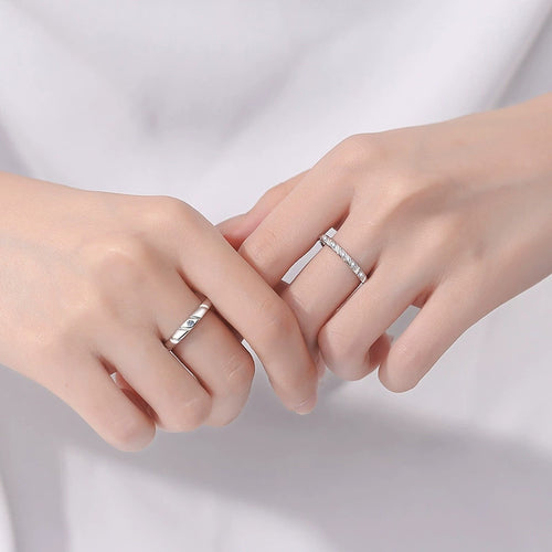 Couples Moissanite Promise Ring Set worn on hand to show scale, band width, and ring profile