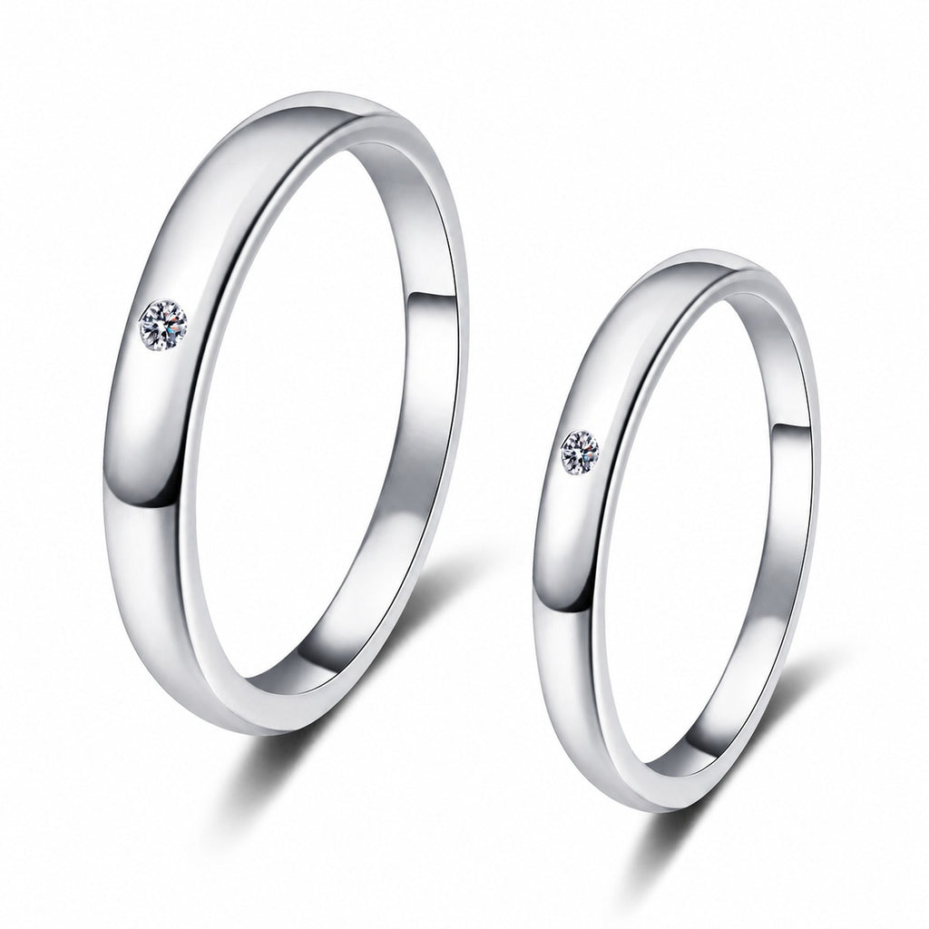 Couples Moissanite Band Ring Set in rhodium-plated S925 sterling silver on clean white background