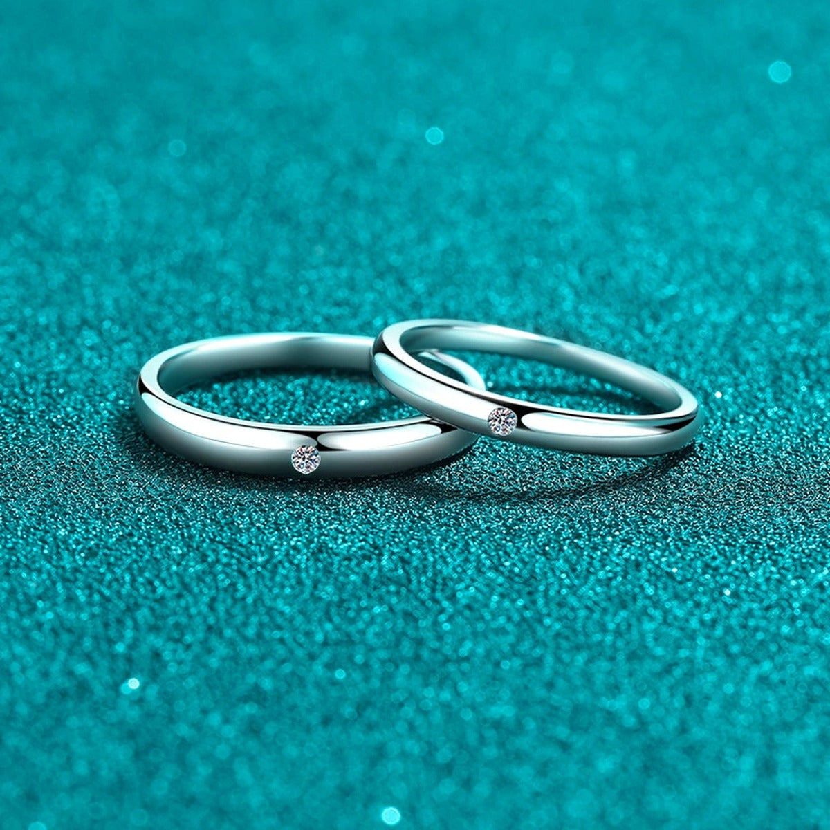Couples Moissanite Band Ring Set product view showing moissanite setting and metal finish