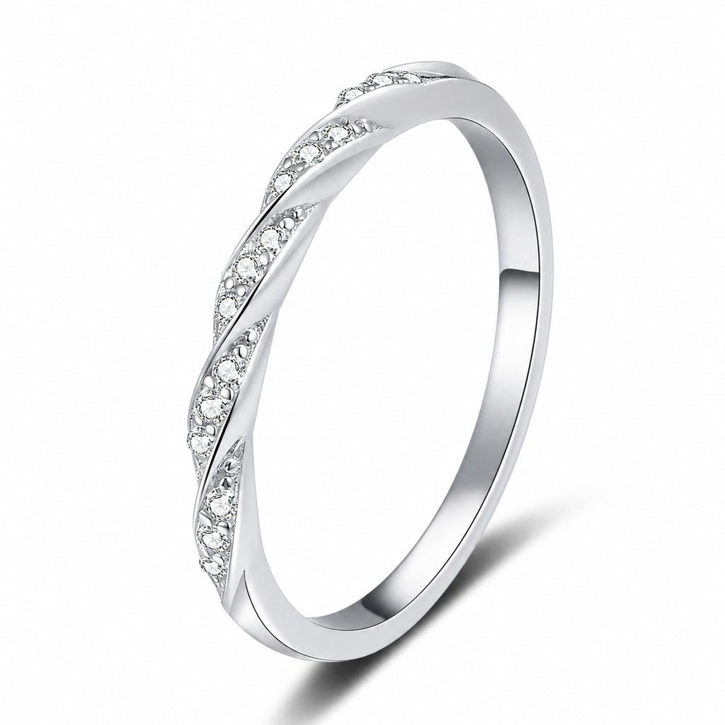 Twist Moissanite Stackable Ring in rhodium-plated S925 sterling silver on clean white background