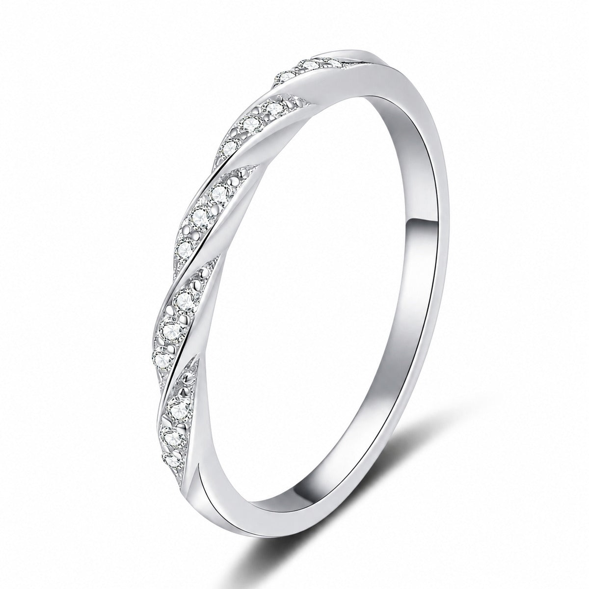 Twist Moissanite Stackable Ring in rhodium-plated S925 sterling silver on clean white background