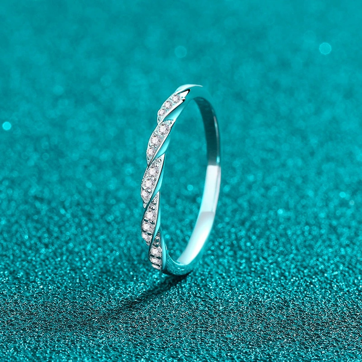 Twist Moissanite Stackable Ring product view showing moissanite setting and metal finish