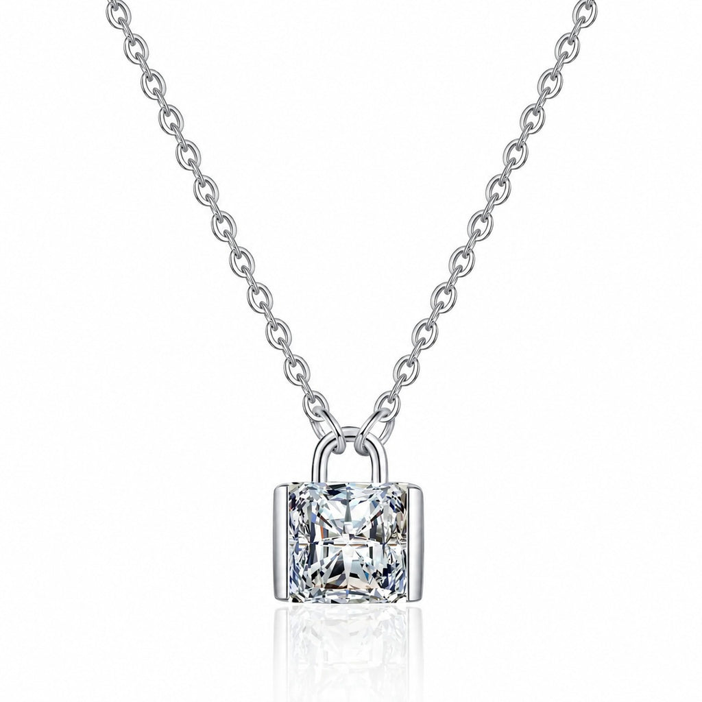 Princess Cut Moissanite Pendant Necklace in Rhodium-Plated S925 sterling silver white background product photo showing princess cut square moissanite pendant with a clean geometric setting