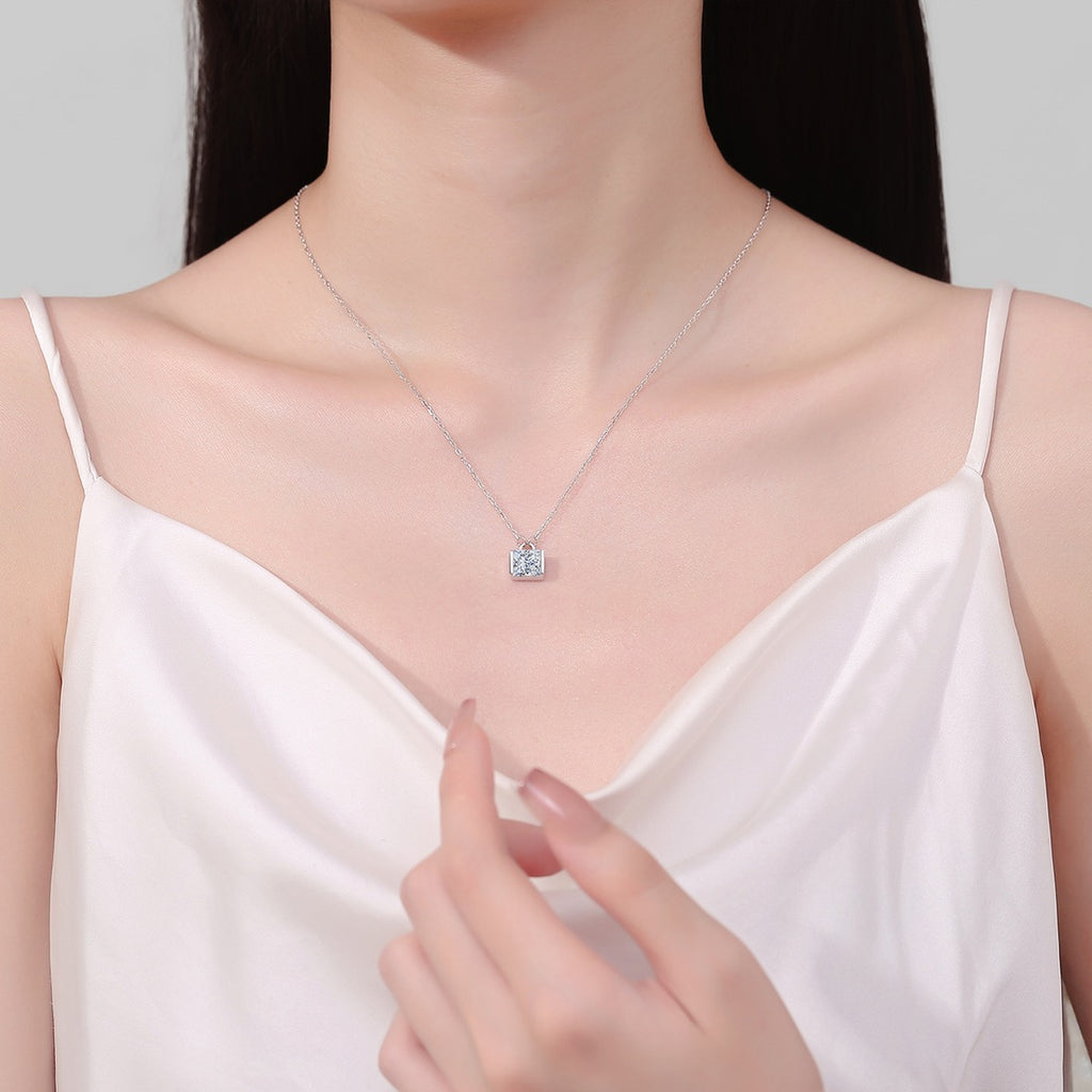 Princess Cut Moissanite Pendant Necklace in Rhodium-Plated S925 sterling silver neckline model view showing pendant scale and adjustable chain
