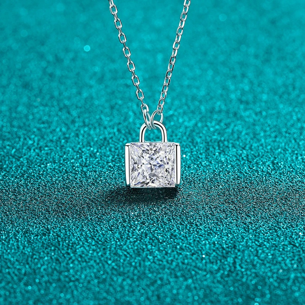 Princess Cut Moissanite Pendant Necklace in Rhodium-Plated S925 sterling silver close-up product scene showing pendant setting