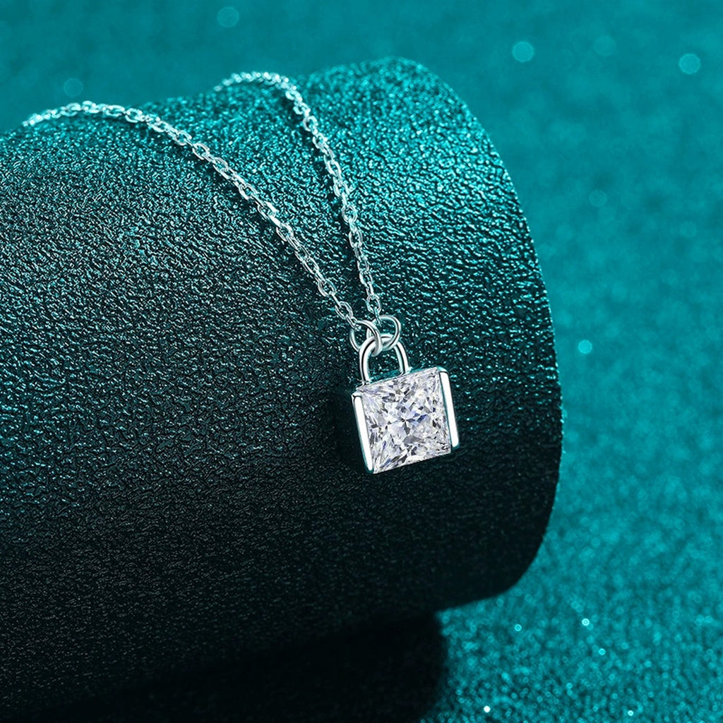 Princess Cut Moissanite Pendant Necklace in Rhodium-Plated S925 sterling silver blue display scene showing chain and stone layout