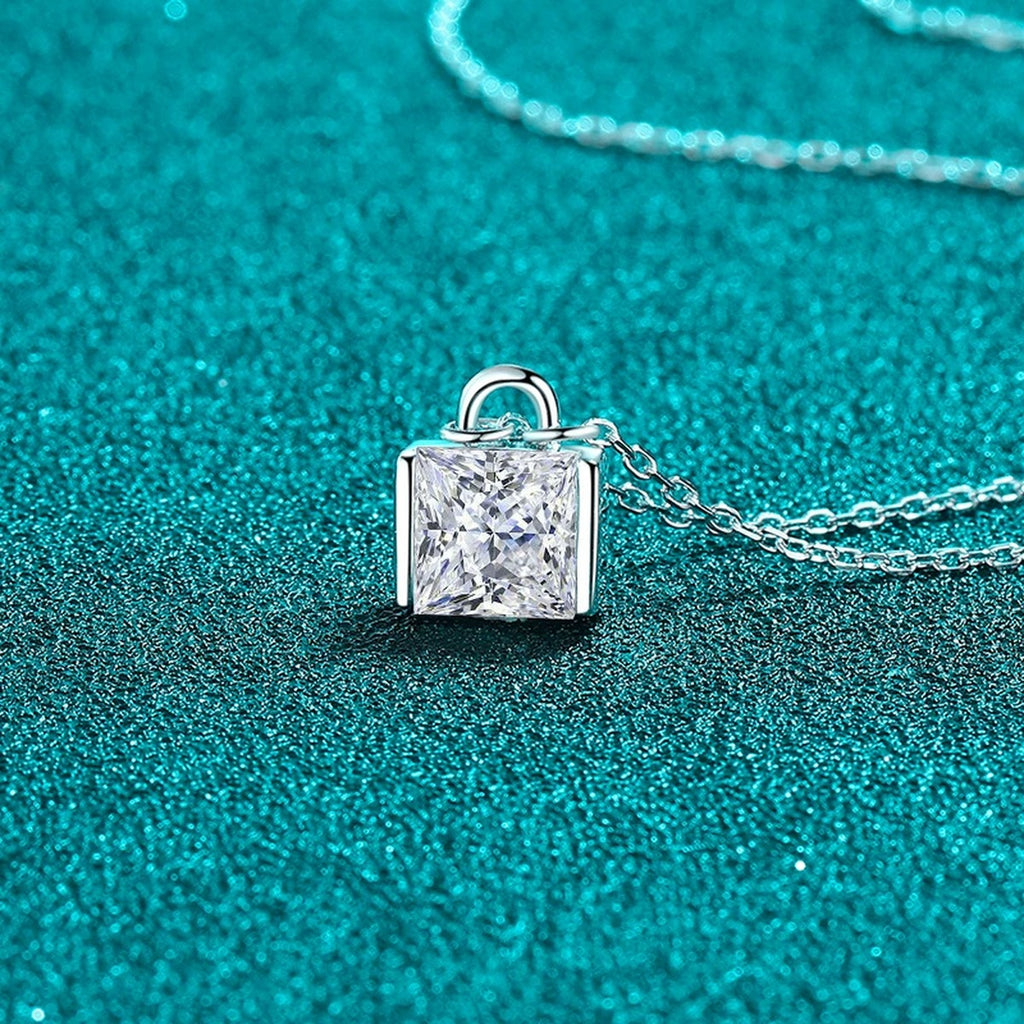 Princess Cut Moissanite Pendant Necklace in Rhodium-Plated S925 sterling silver angled product detail view
