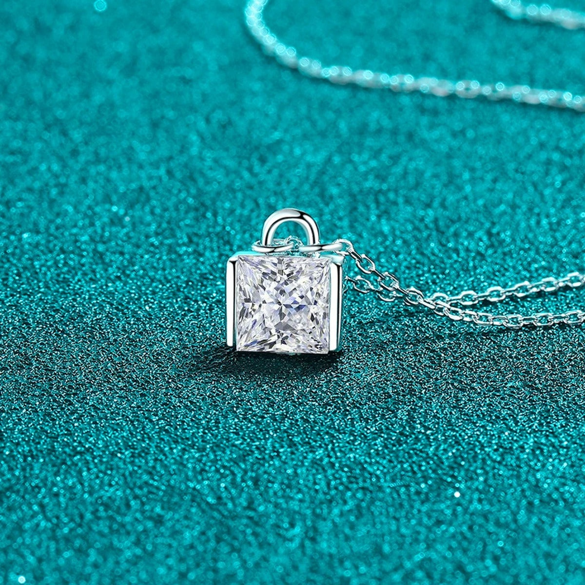 Princess Cut Moissanite Pendant Necklace in Rhodium-Plated S925 sterling silver angled product detail view