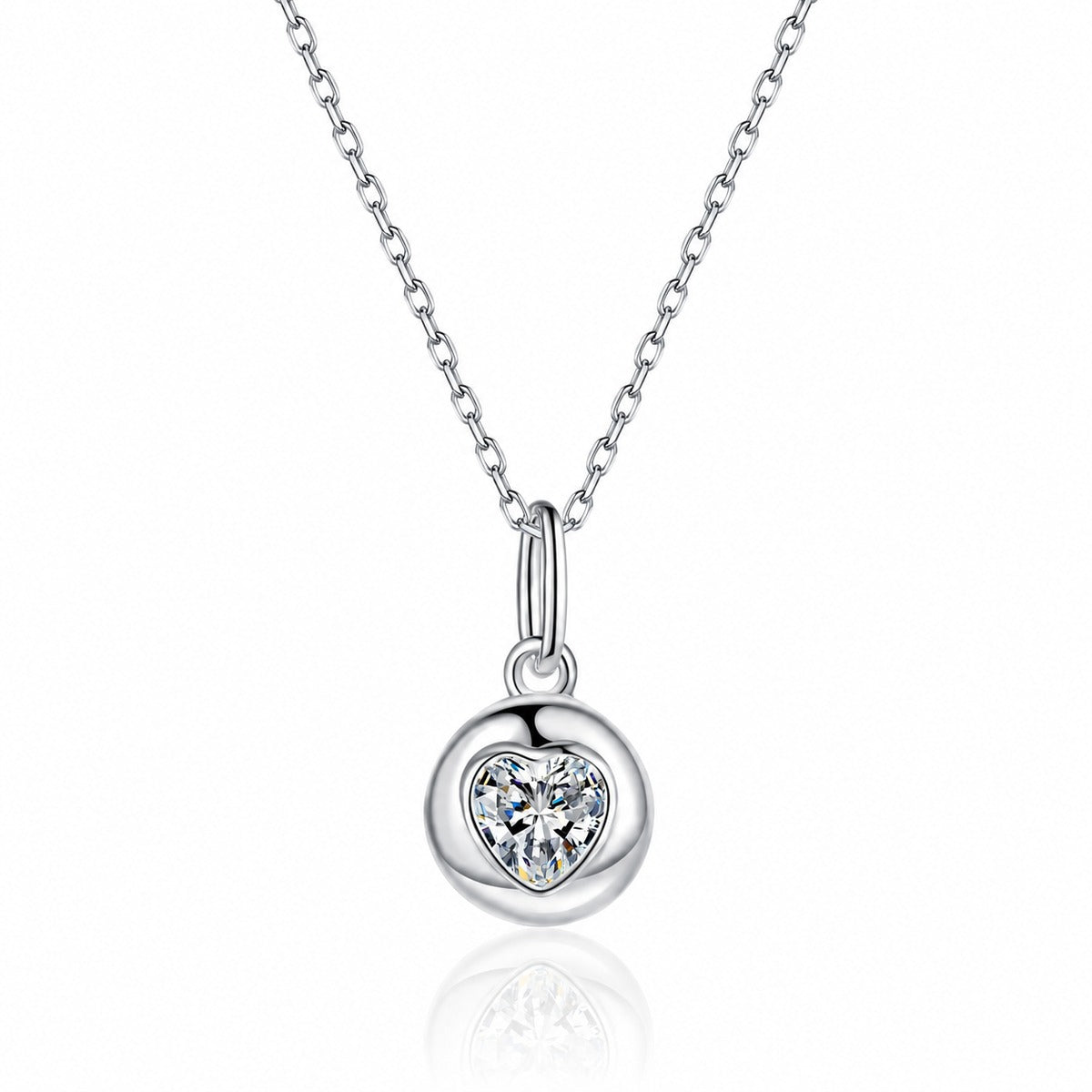 Heart Bead Moissanite Pendant Necklace in Rhodium-Plated S925 sterling silver white background product photo showing heart-shaped bead pendant with a round moissanite center