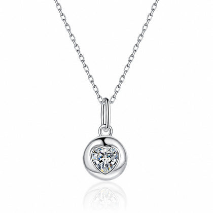 Heart Bead Moissanite Pendant Necklace in Rhodium-Plated S925 sterling silver white background product photo showing heart-shaped bead pendant with a round moissanite center