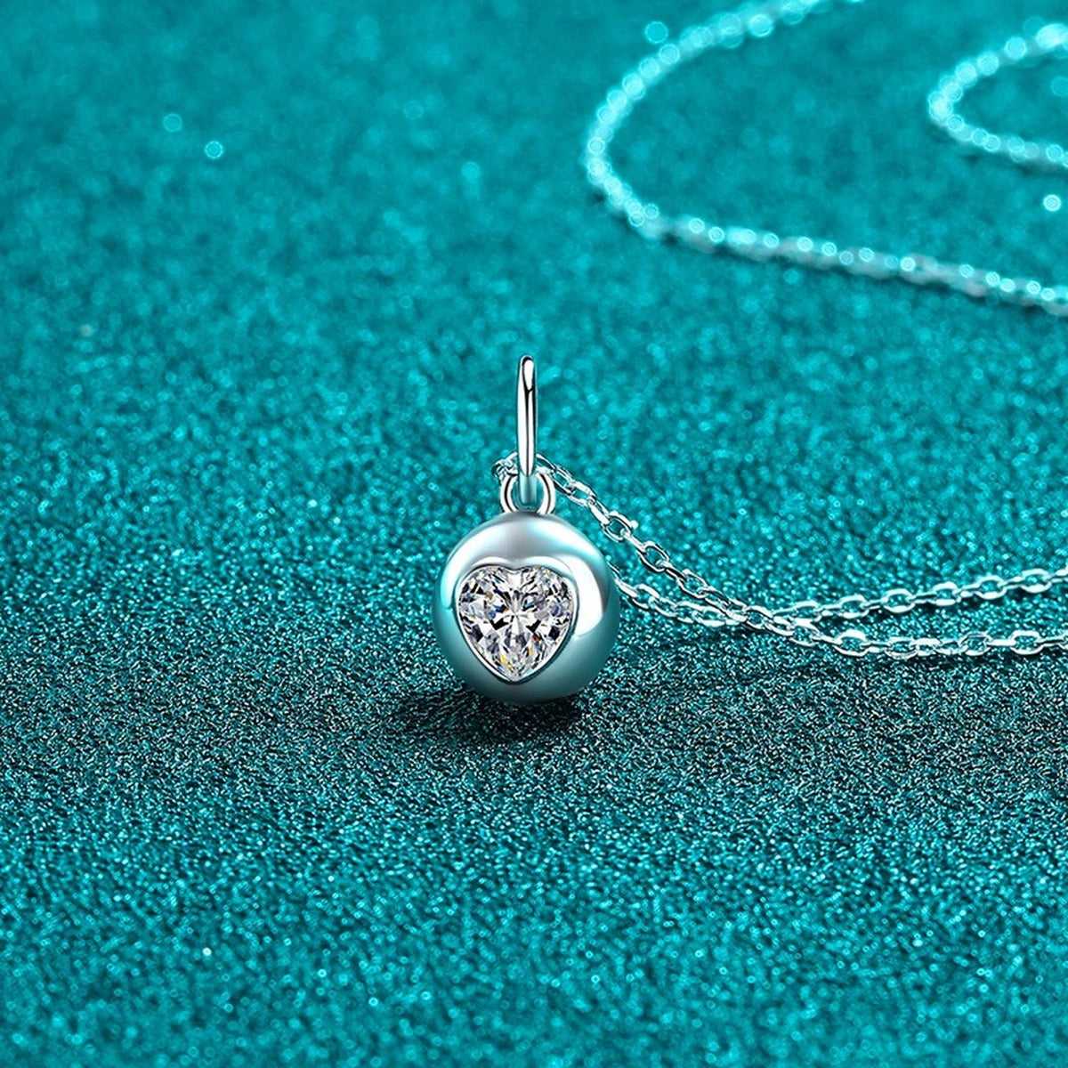 Heart Bead Moissanite Pendant Necklace in Rhodium-Plated S925 sterling silver close-up product scene showing pendant setting