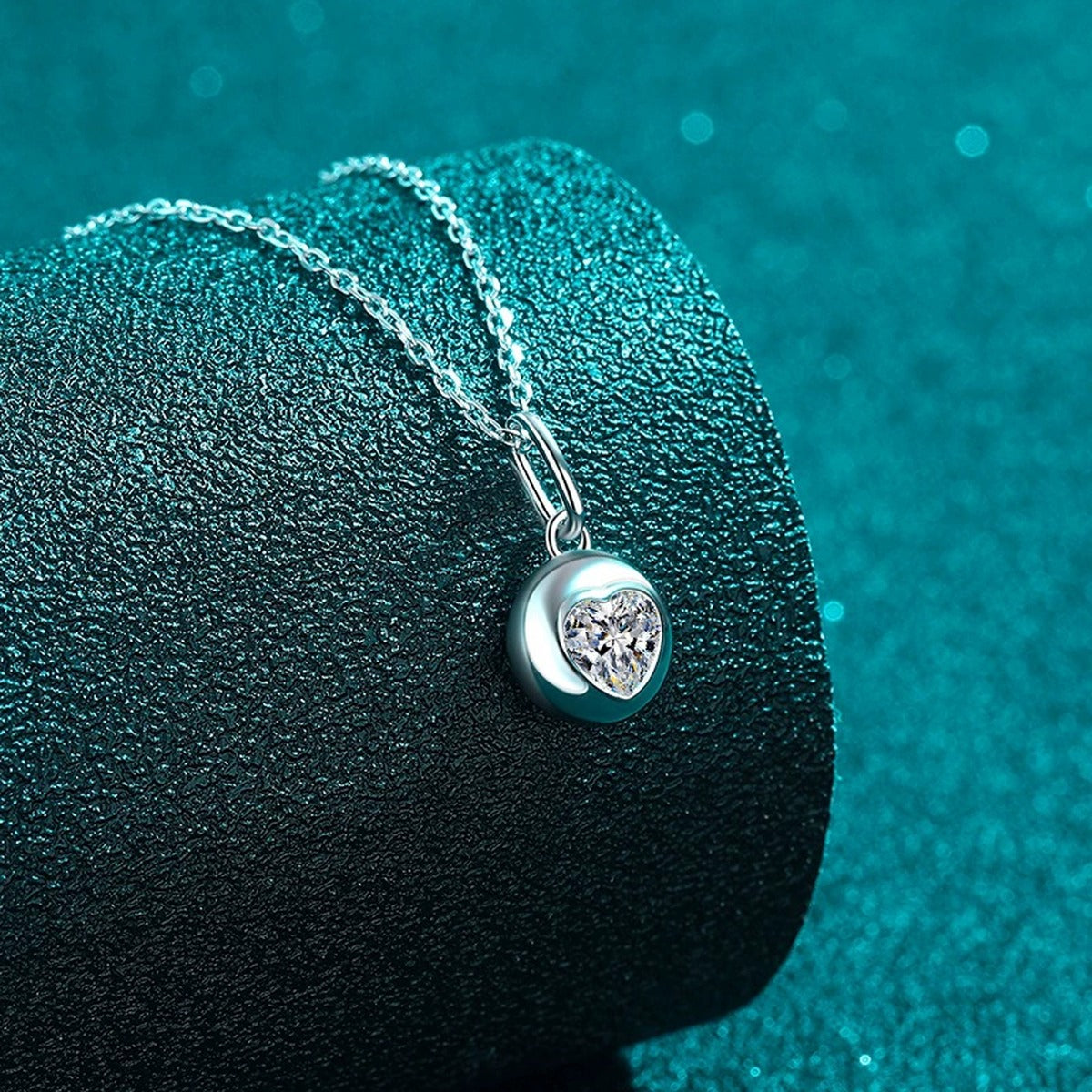 Heart Bead Moissanite Pendant Necklace in Rhodium-Plated S925 sterling silver angled product detail view