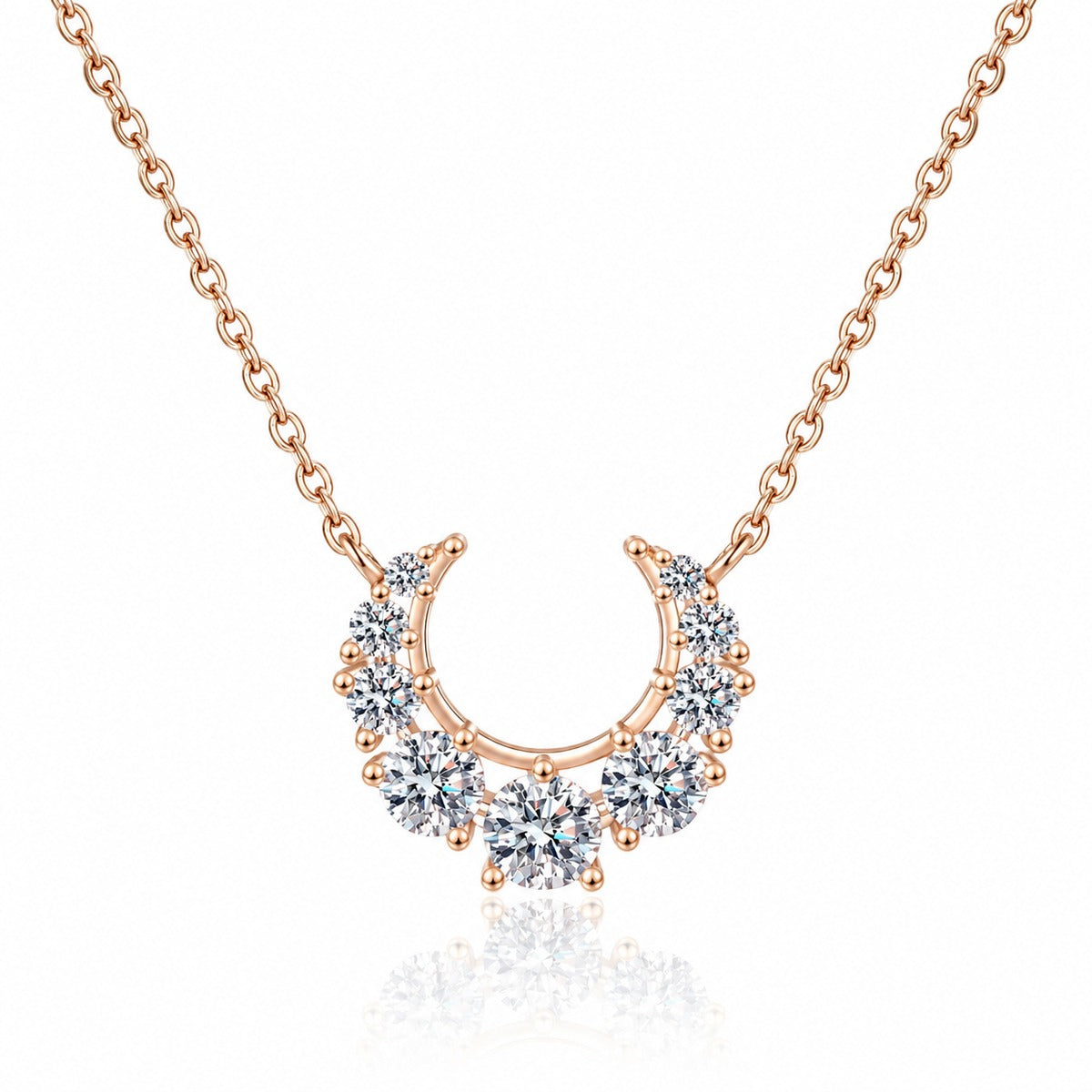 Crescent Moissanite Necklace in Champion Gold-Plated S925 sterling silver white background product photo showing crescent moon necklace with graduated round moissanite stones