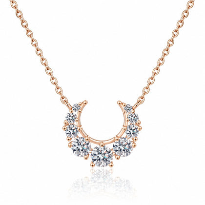 Crescent Moissanite Necklace in Champion Gold-Plated S925 sterling silver white background product photo showing crescent moon necklace with graduated round moissanite stones