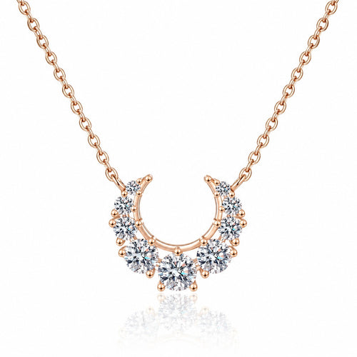 Crescent Moissanite Necklace in Champion Gold-Plated S925 sterling silver white background product photo showing crescent moon necklace with graduated round moissanite stones