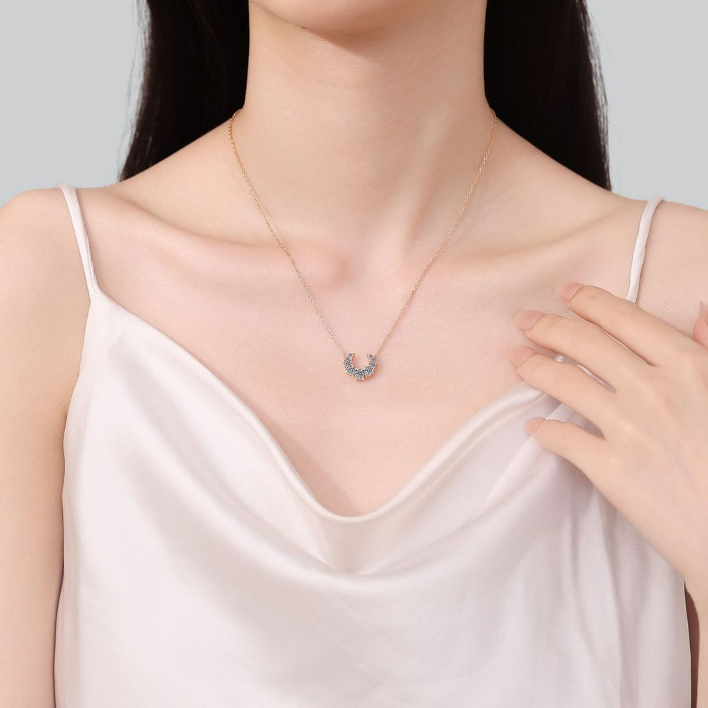 Crescent Moissanite Necklace in Champion Gold-Plated S925 sterling silver neckline model view showing pendant scale and adjustable chain