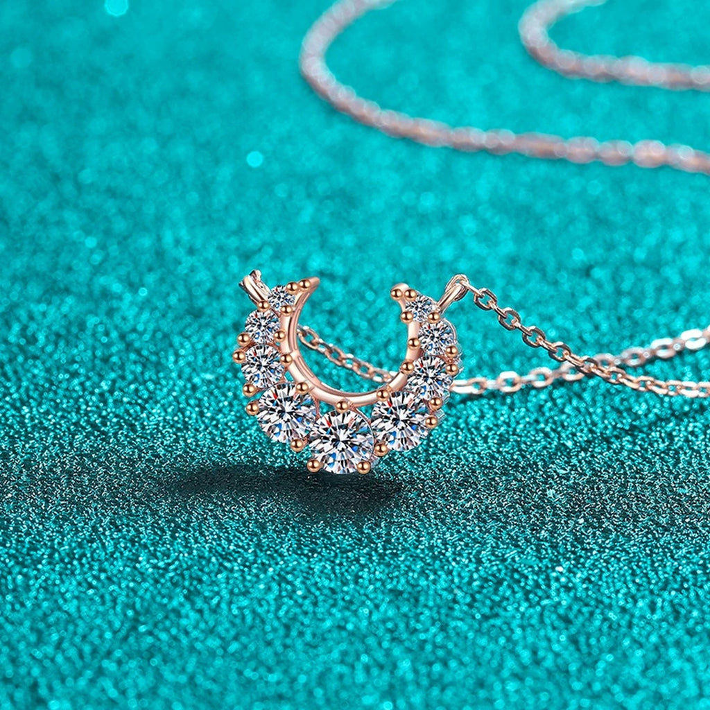 Crescent Moissanite Necklace in Champion Gold-Plated S925 sterling silver blue display scene showing chain and stone layout