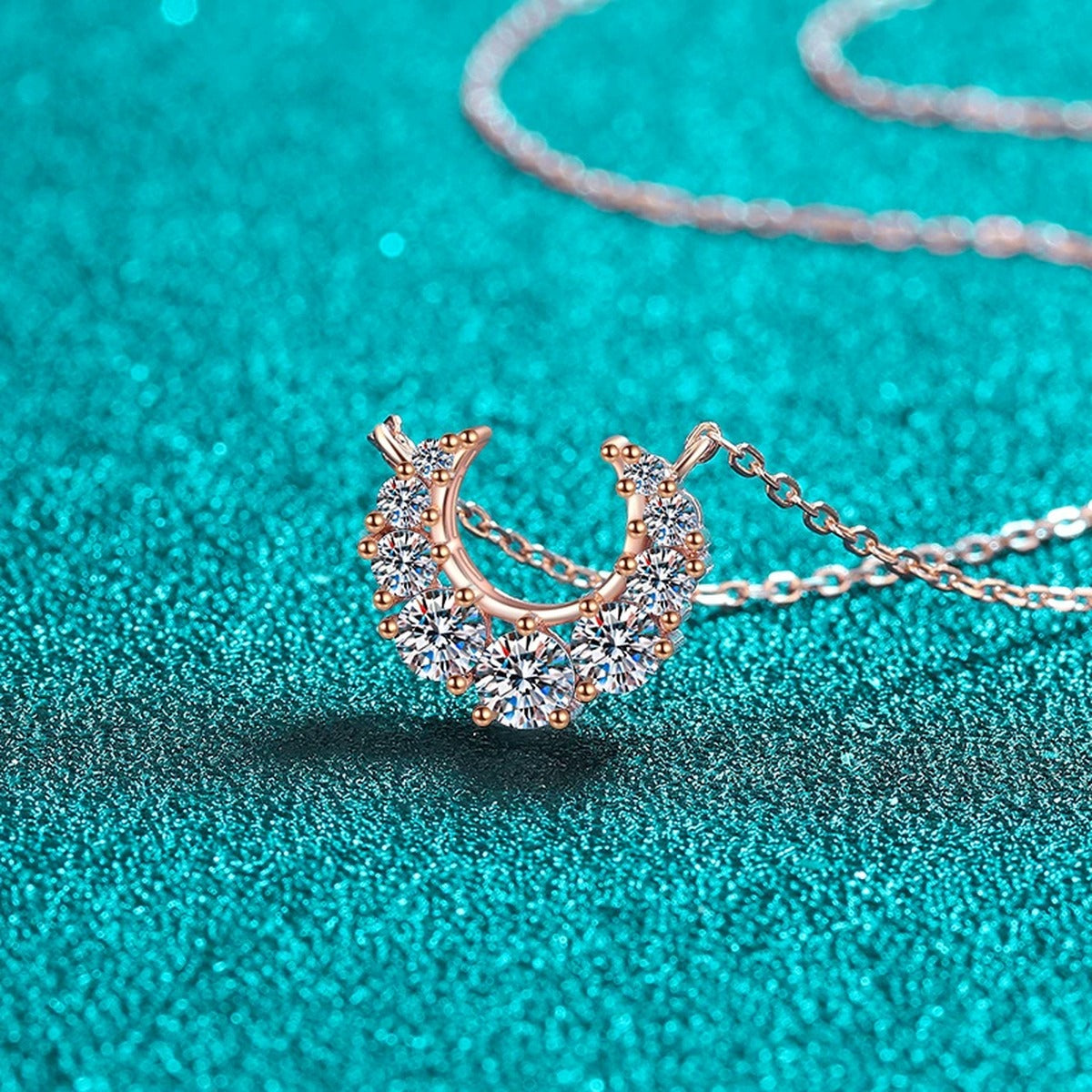 Crescent Moissanite Necklace in Champion Gold-Plated S925 sterling silver blue display scene showing chain and stone layout
