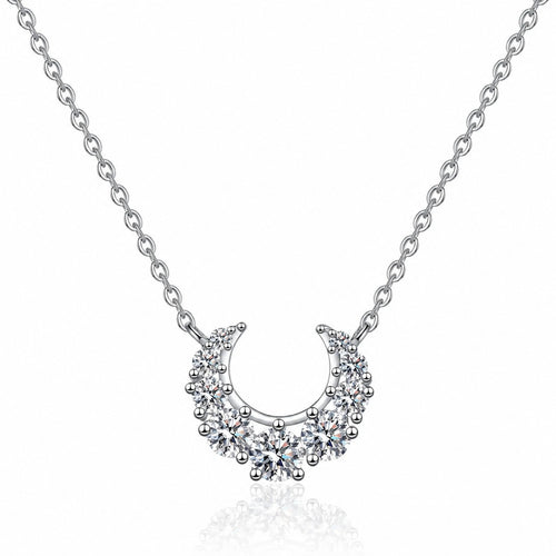 Crescent Moissanite Necklace in Rhodium-Plated S925 sterling silver white background product photo showing crescent moon necklace with graduated round moissanite stones