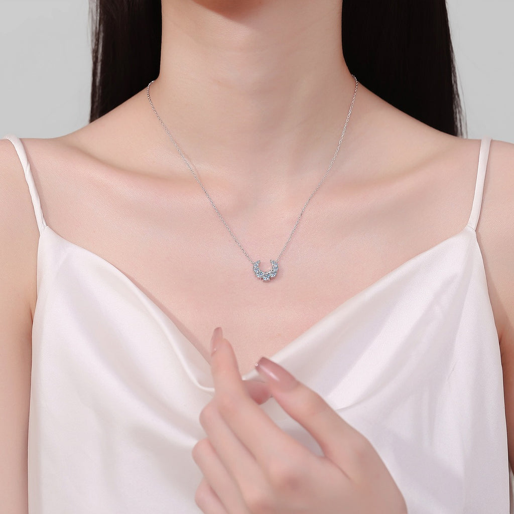 Crescent Moissanite Necklace in Rhodium-Plated S925 sterling silver neckline model view showing pendant scale and adjustable chain