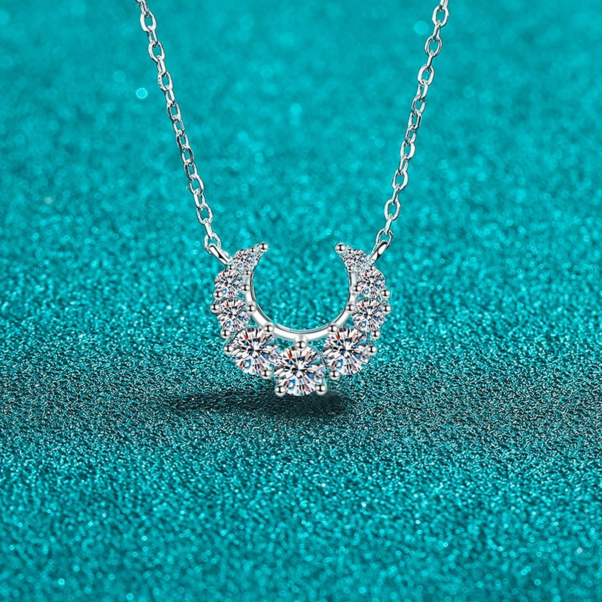 Crescent Moissanite Necklace in Rhodium-Plated S925 sterling silver angled product detail view