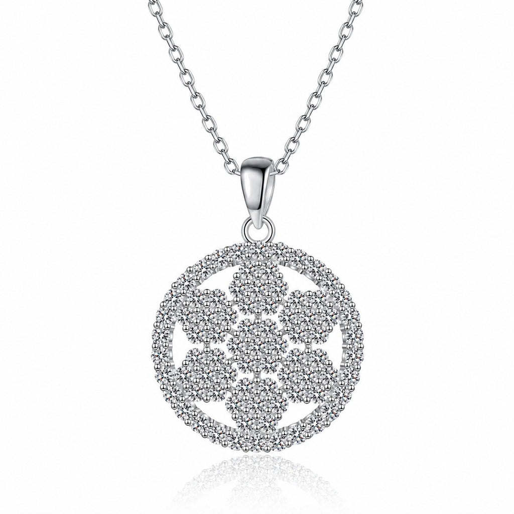 Snowflake Moissanite Pendant Necklace in Rhodium-Plated S925 sterling silver white background product photo showing round snowflake pendant with tiny moissanite details
